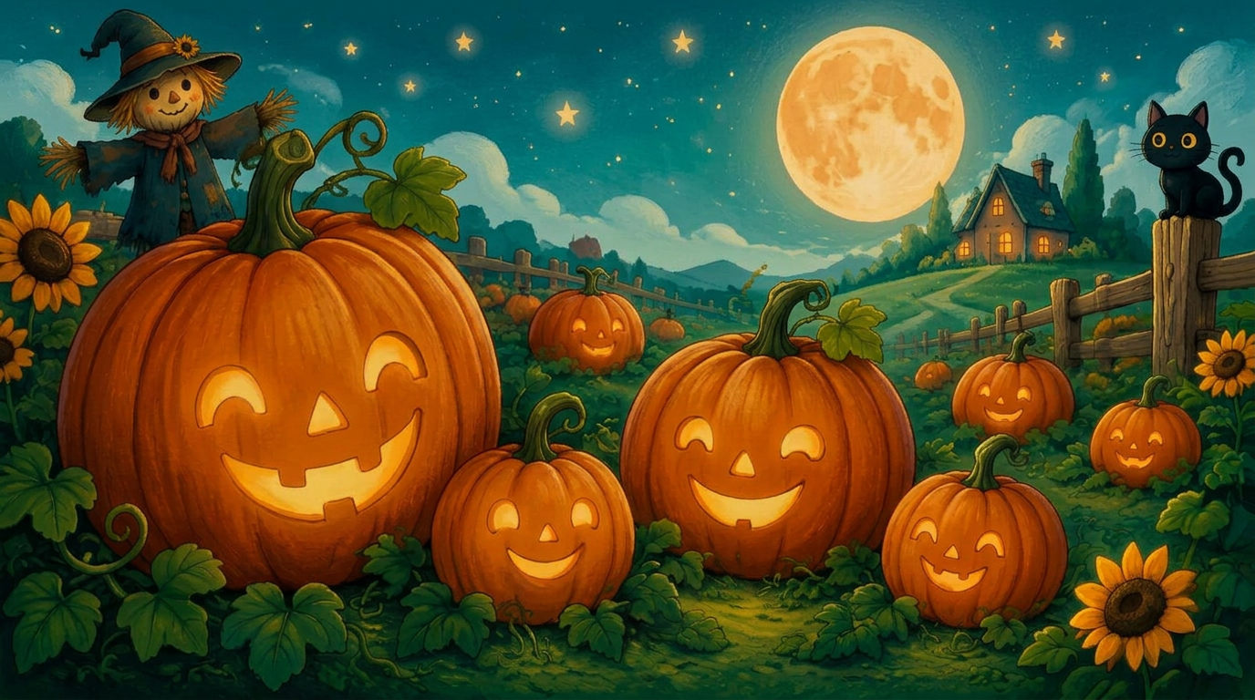 Smiling jack-o'-lanterns in a moonlit pumpkin patch
